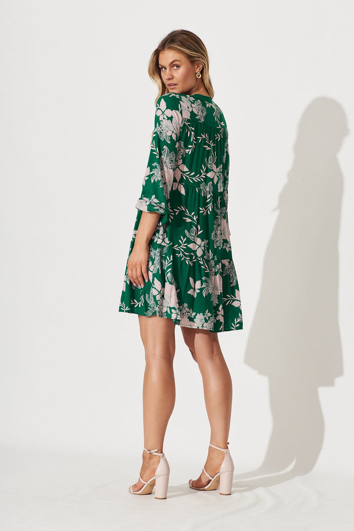Cozumel Smock Dress In Green With Pink Floral Print - back