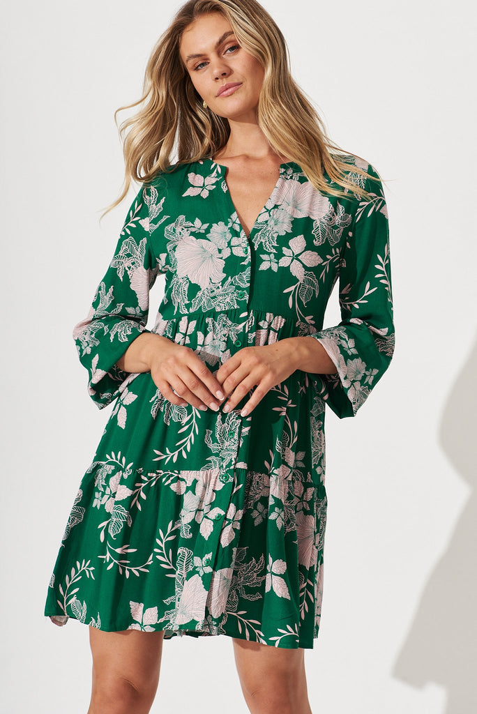Cozumel Smock Dress In Green With Pink Floral Print - front