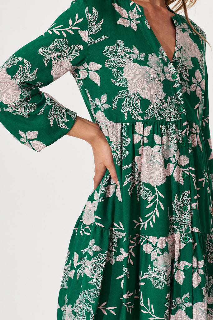 Cozumel Smock Dress In Green With Pink Floral Print - detail