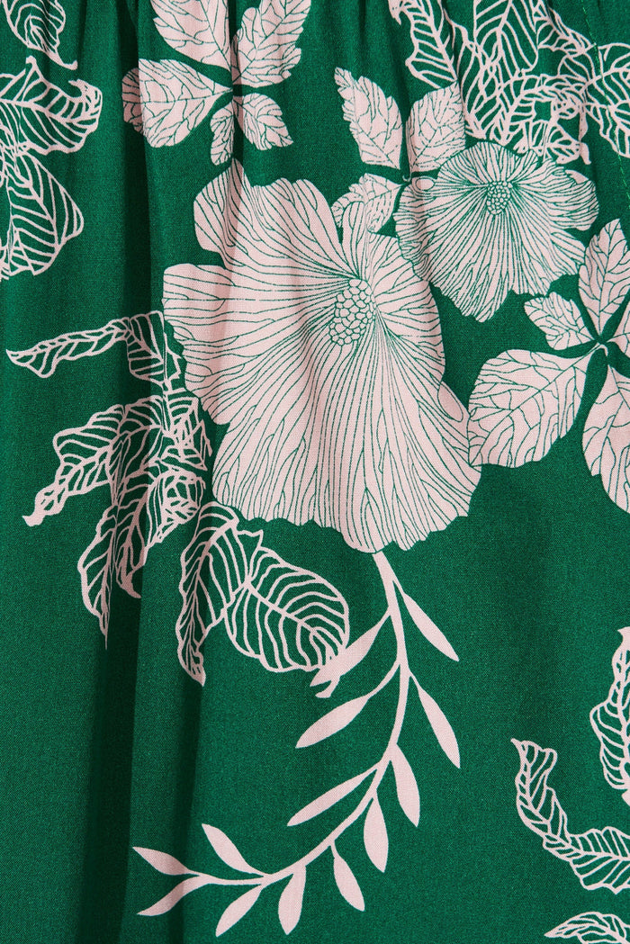 Cozumel Smock Dress In Green With Pink Floral Print - fabric