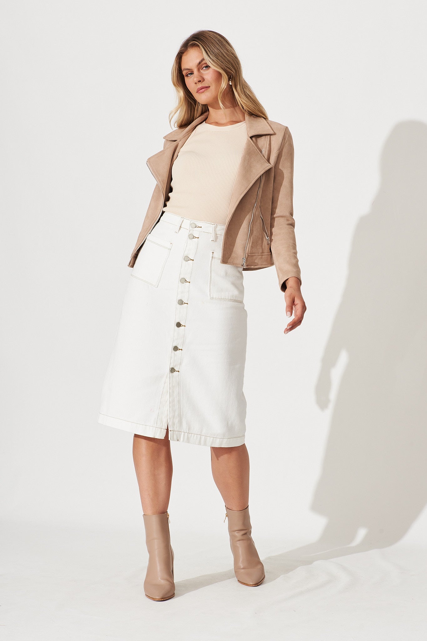 Sunflower Denim Skirt In White - full length