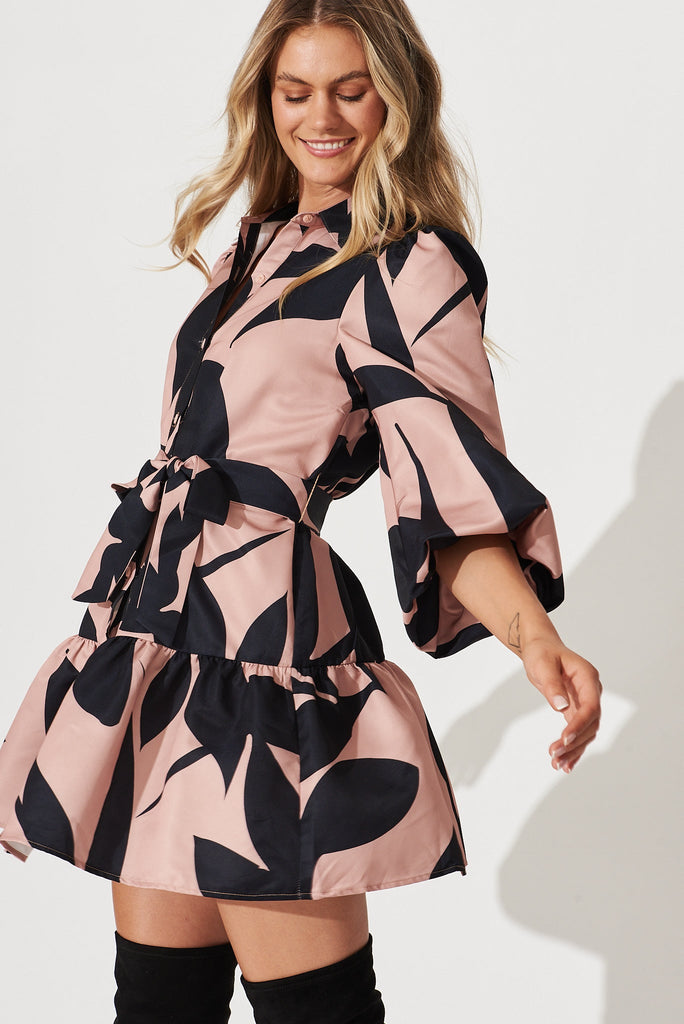 Giulia Shirt Dress In Mocha With Black Print - front