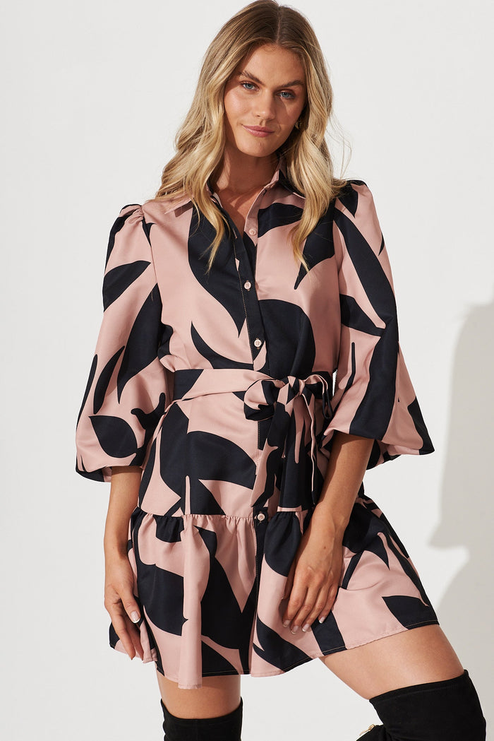Giulia Shirt Dress In Mocha With Black Print - front
