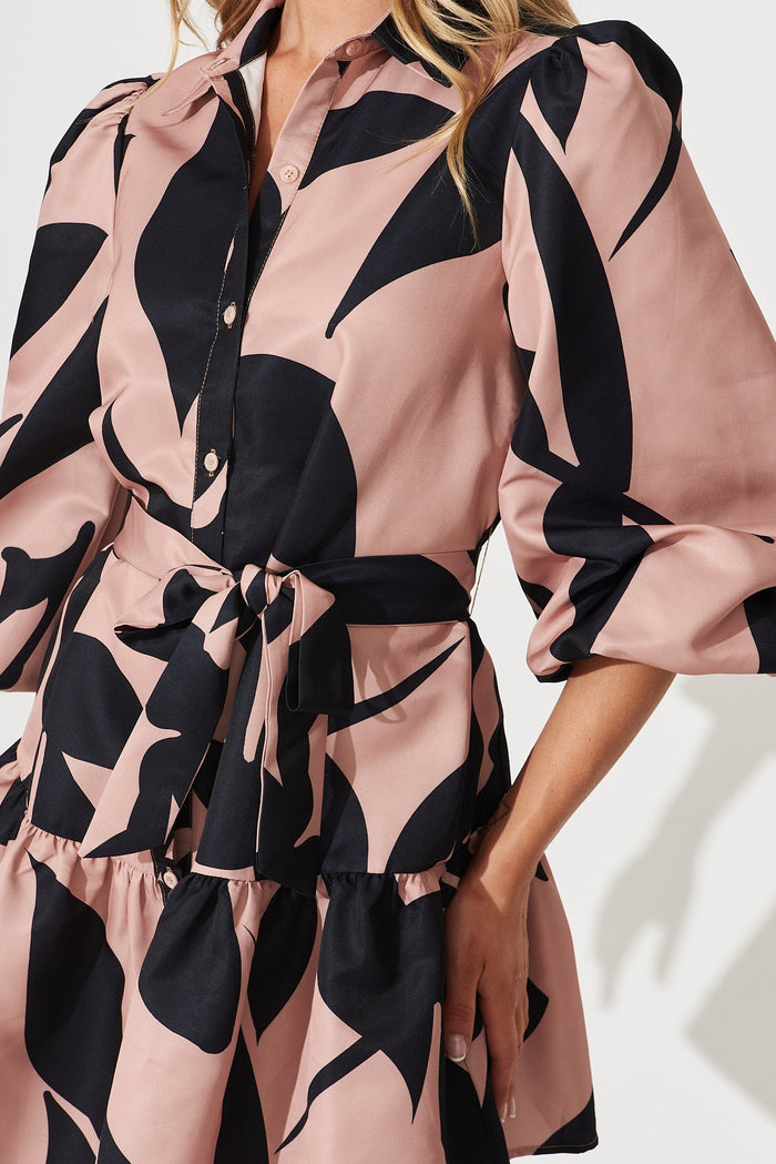 Giulia Shirt Dress In Mocha With Black Print - detail