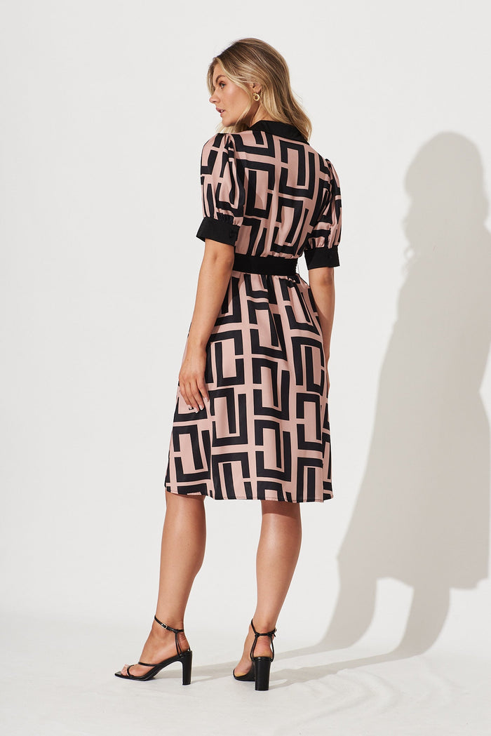 Kristel Shirt Dress In Brown With Black Geometric Print Satin - back