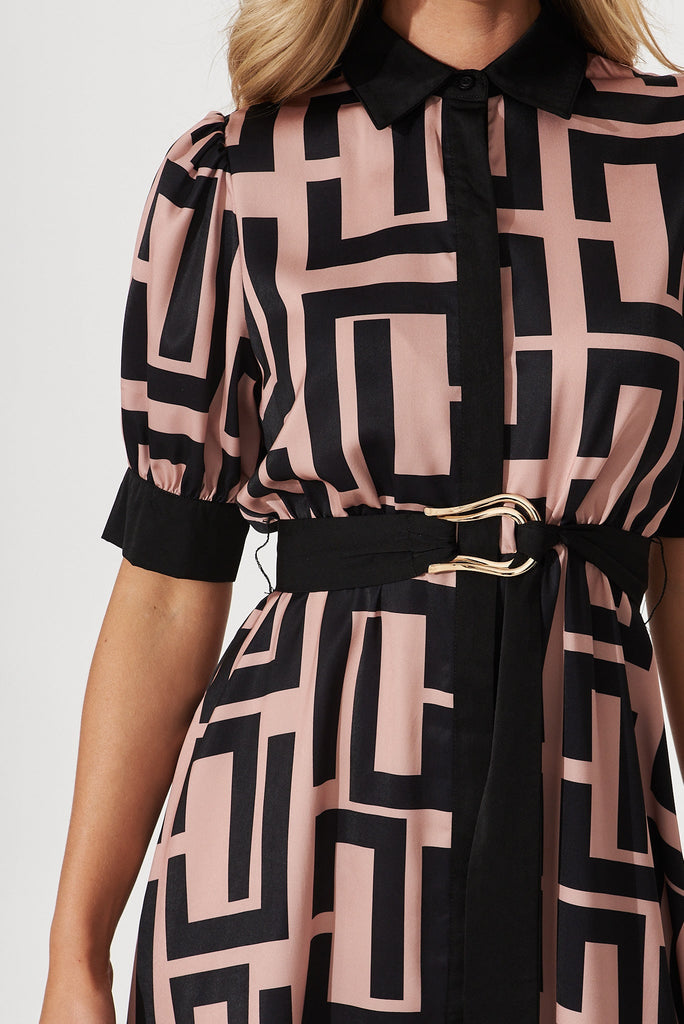 Kristel Shirt Dress In Brown With Black Geometric Print Satin - detail