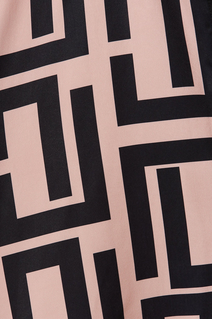 Kristel Shirt Dress In Brown With Black Geometric Print Satin - fabric