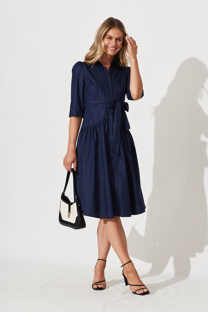 Marie Midi Shirt Dress In Navy Cotton Blend - full length