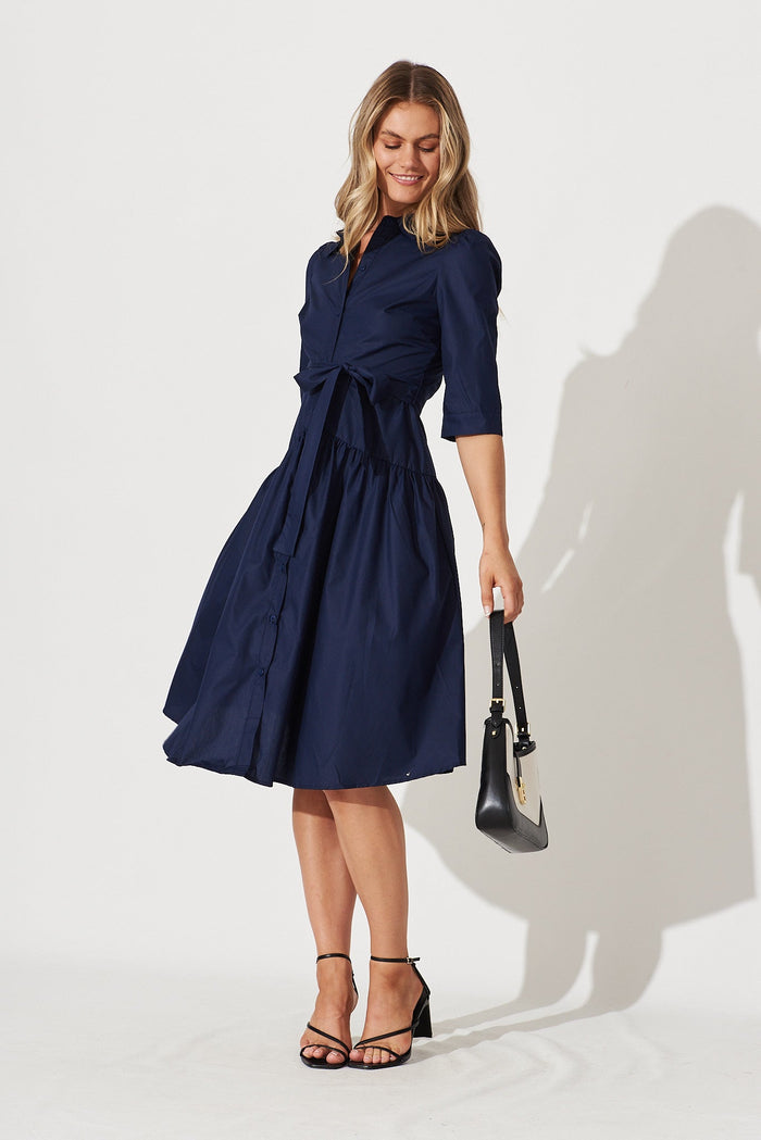 Marie Midi Shirt Dress In Navy Cotton Blend - full length