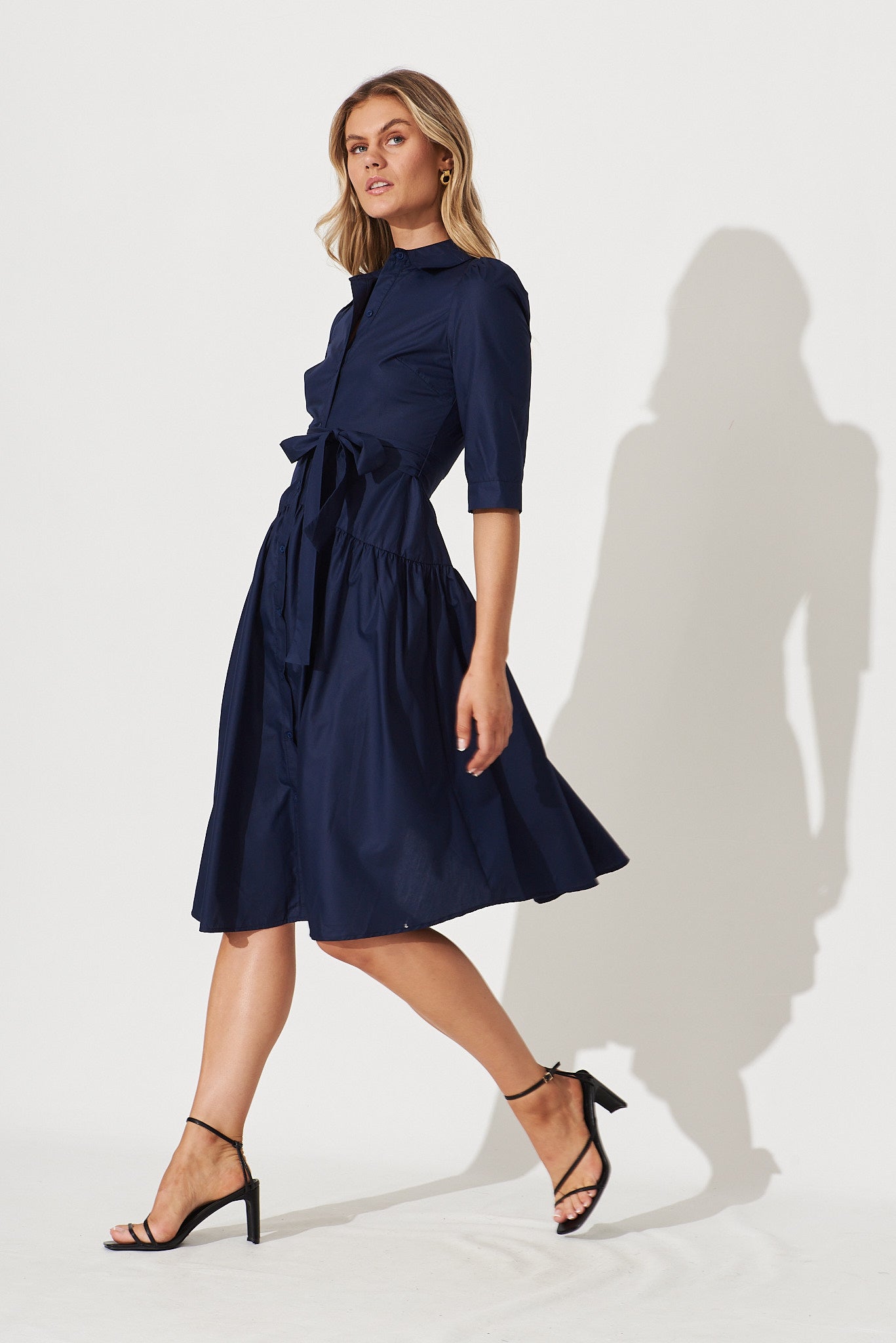 Marie Midi Shirt Dress In Navy Cotton Blend - side