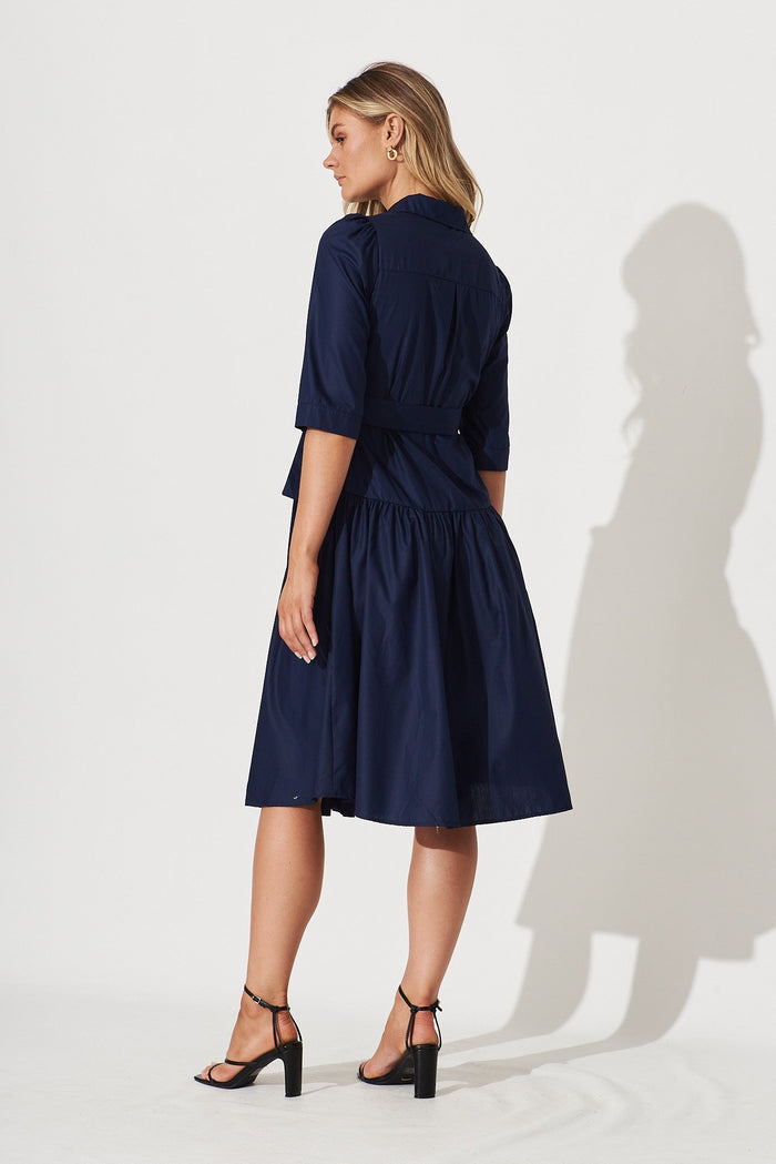 Marie Midi Shirt Dress In Navy Cotton Blend - back