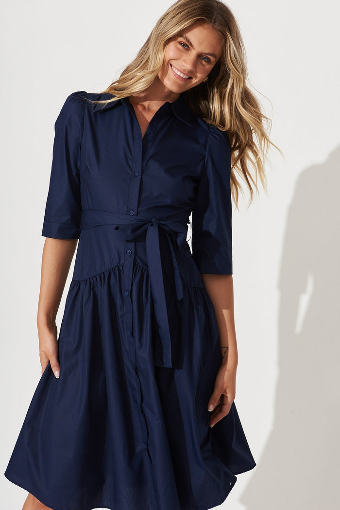 Marie Midi Shirt Dress In Navy Cotton Blend - front