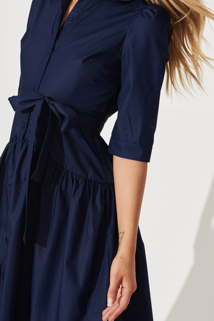 Marie Midi Shirt Dress In Navy Cotton Blend - detail