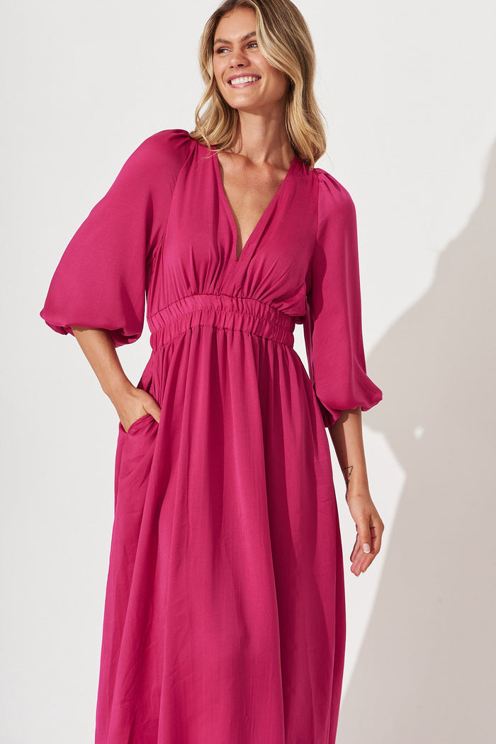 Magnetic Maxi Dress In Fuchsia Satin - front