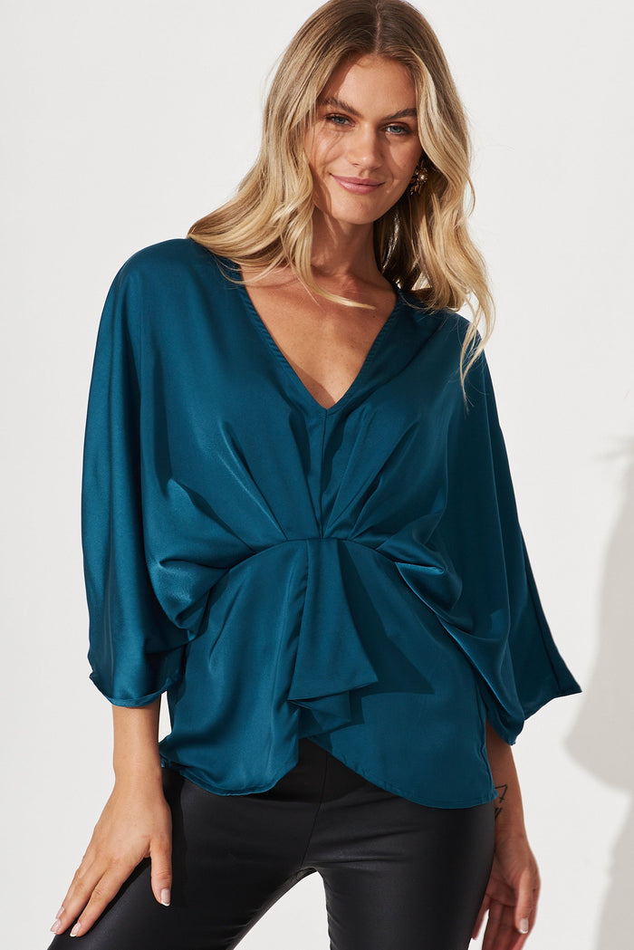 Leia Top In Teal Satin - front