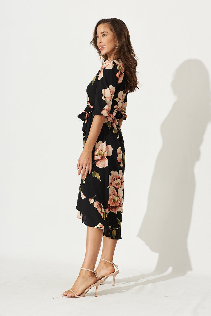 Cora Midi Dress In Black With Blush Floral Bubble Crepe - side
