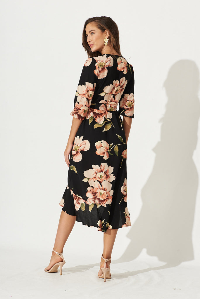 Cora Midi Dress In Black With Blush Floral Bubble Crepe - back