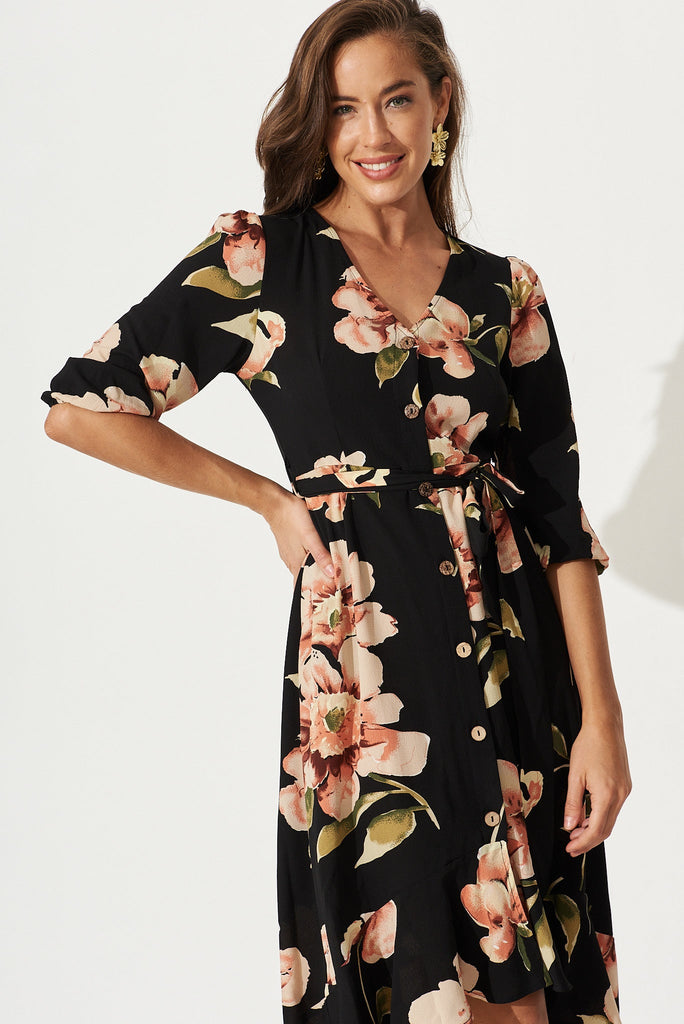 Cora Midi Dress In Black With Blush Floral Bubble Crepe - front