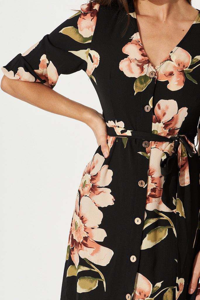 Cora Midi Dress In Black With Blush Floral Bubble Crepe - detail