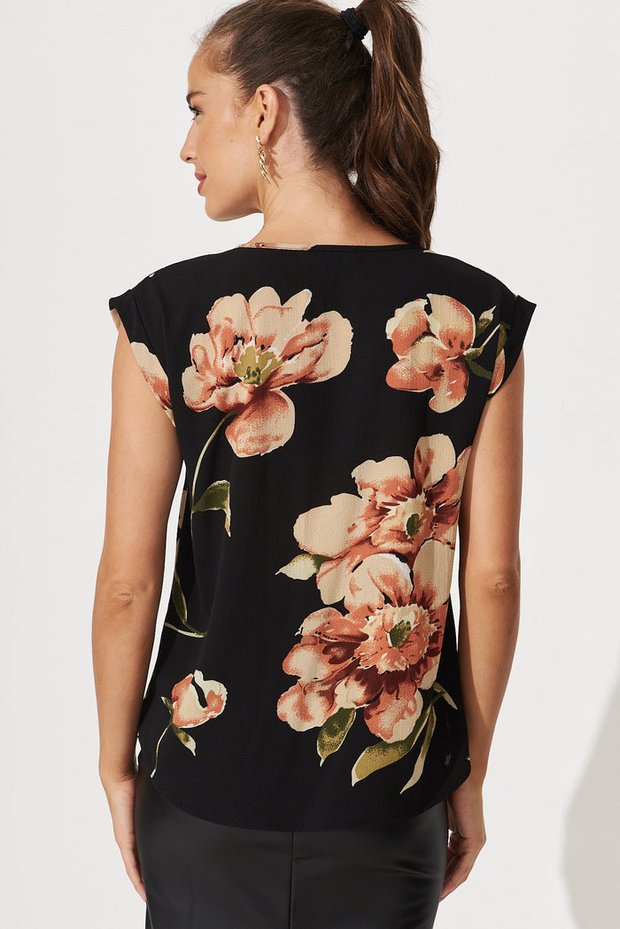 Rejina Top In Black With Blush Floral Bubble Crepe - back