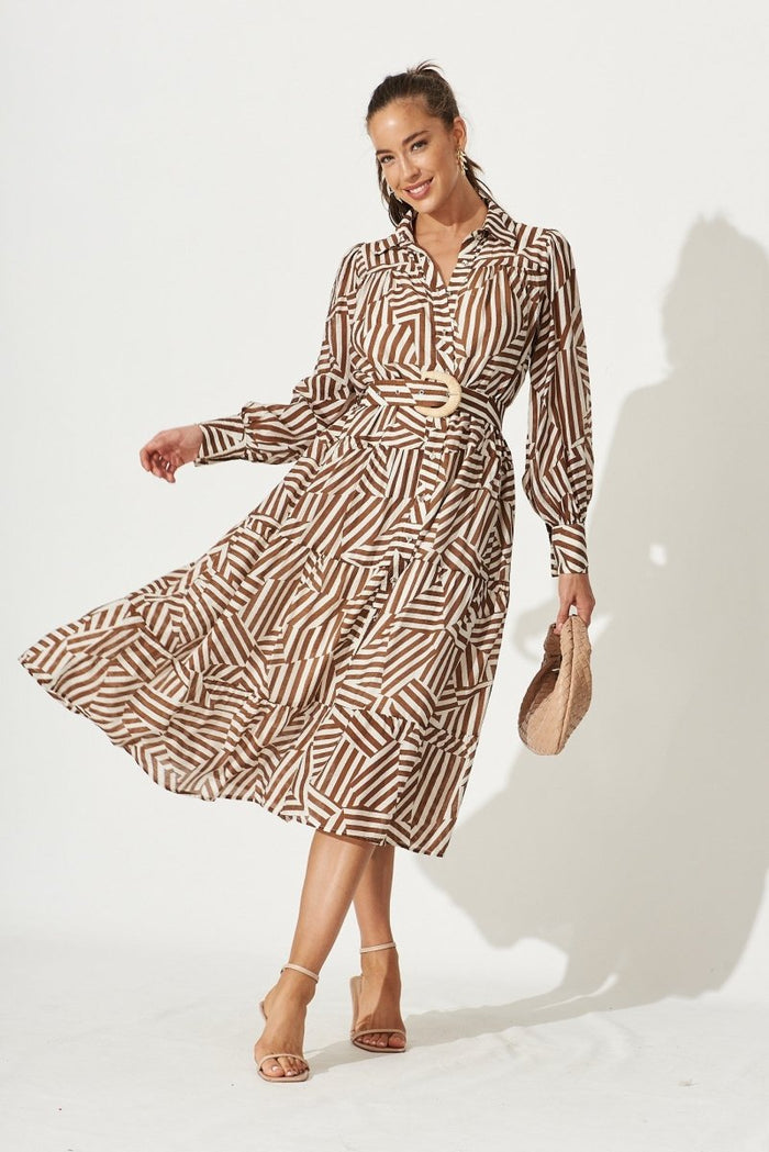 Clermont Midi Shirt Dress In Brown With Cream Print - St Frock (Dev)