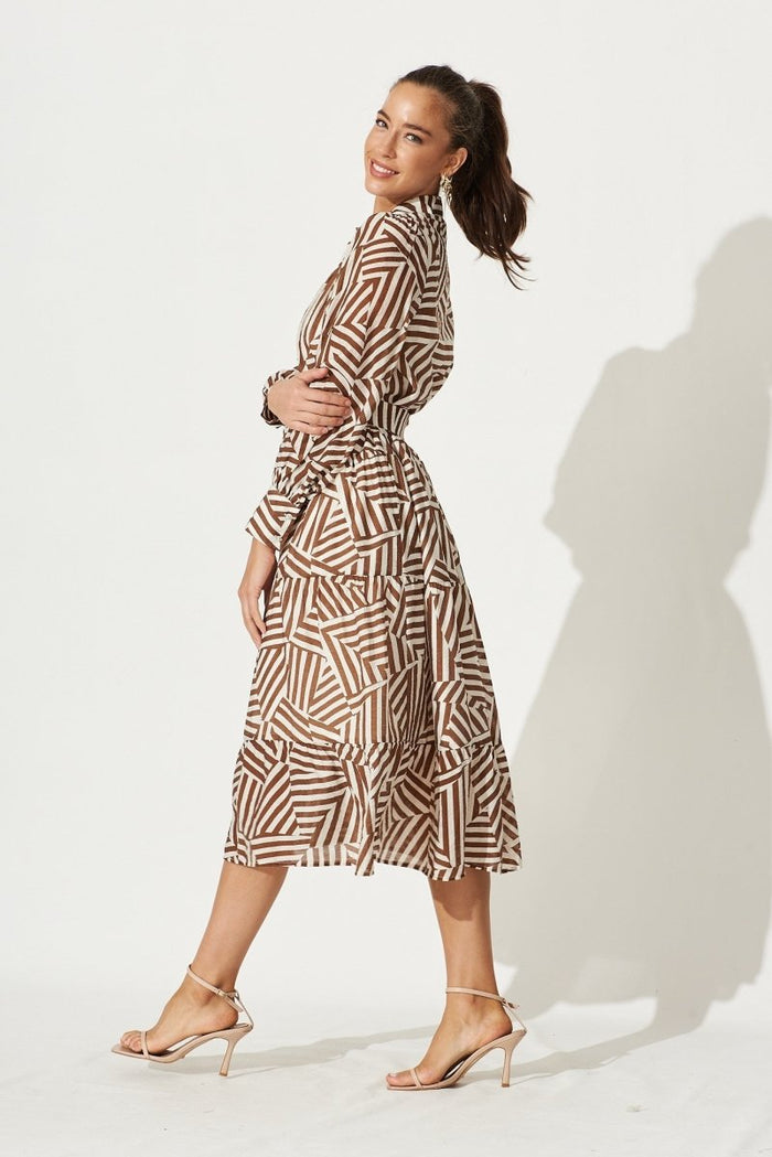 Clermont Midi Shirt Dress In Brown With Cream Print - St Frock (Dev)