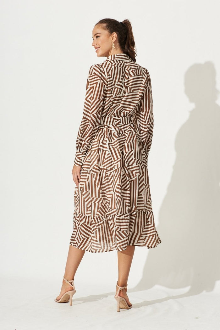 Clermont Midi Shirt Dress In Brown With Cream Print - St Frock (Dev)