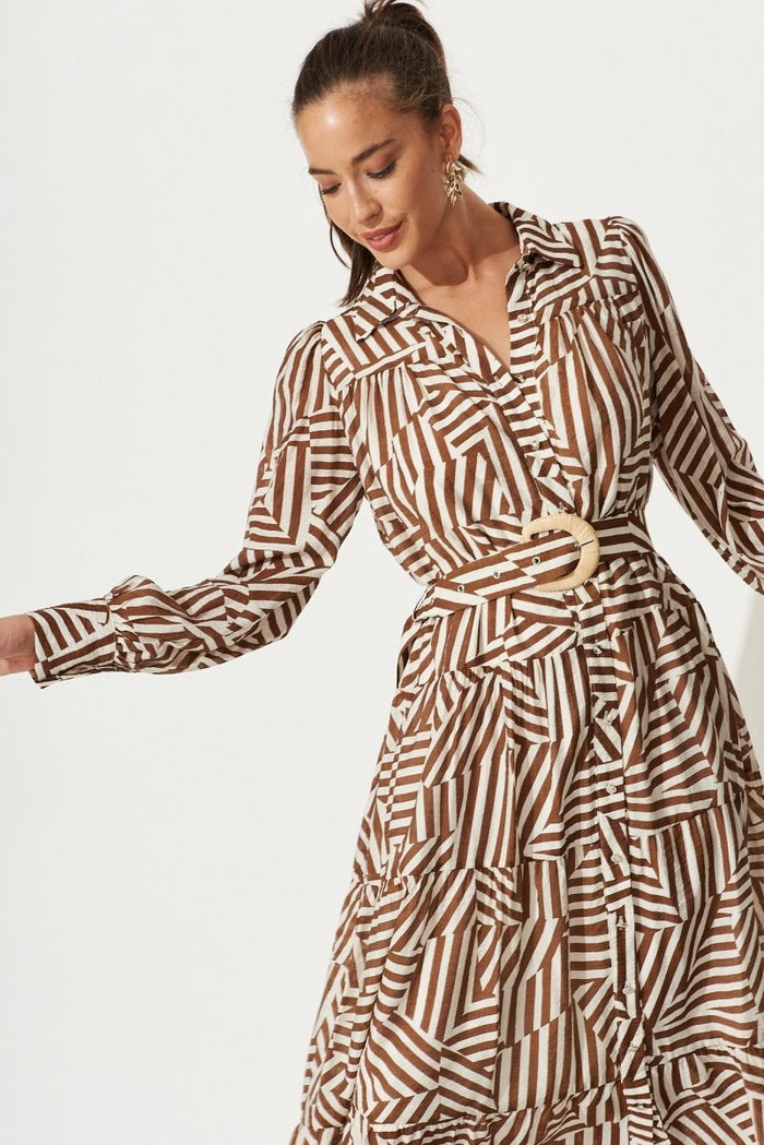 Clermont Midi Shirt Dress In Brown With Cream Print - St Frock (Dev)