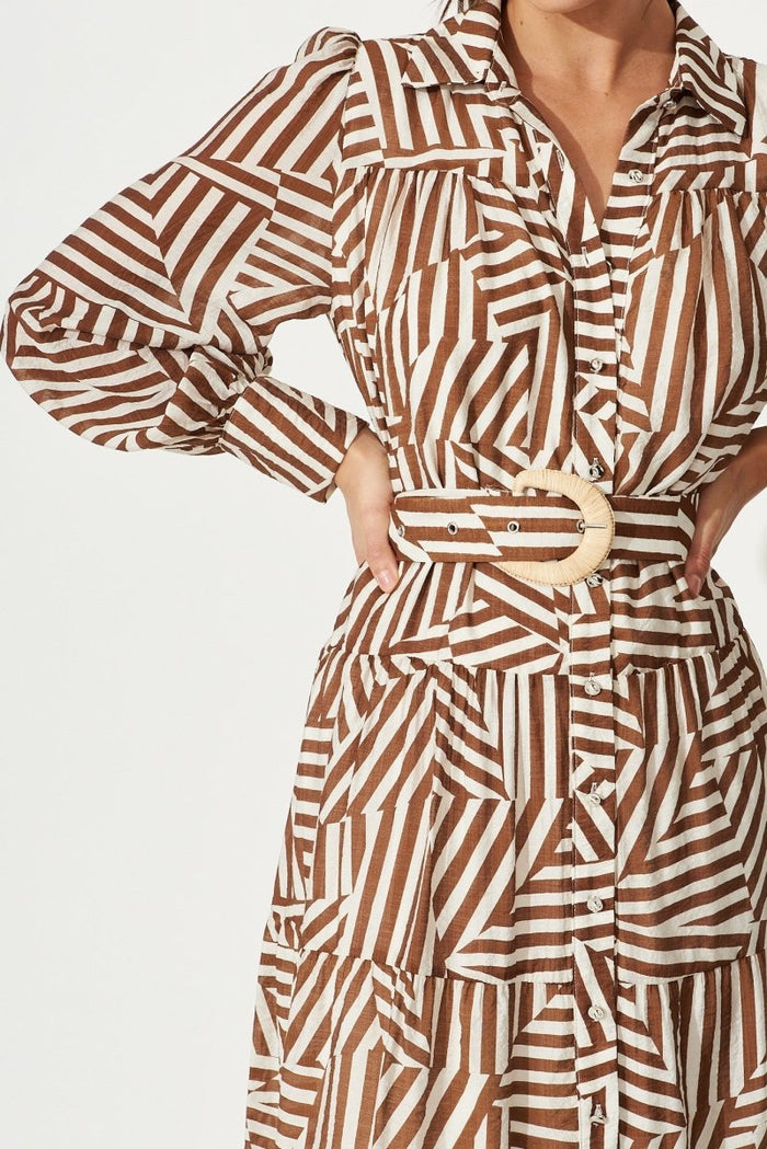 Clermont Midi Shirt Dress In Brown With Cream Print - St Frock (Dev)