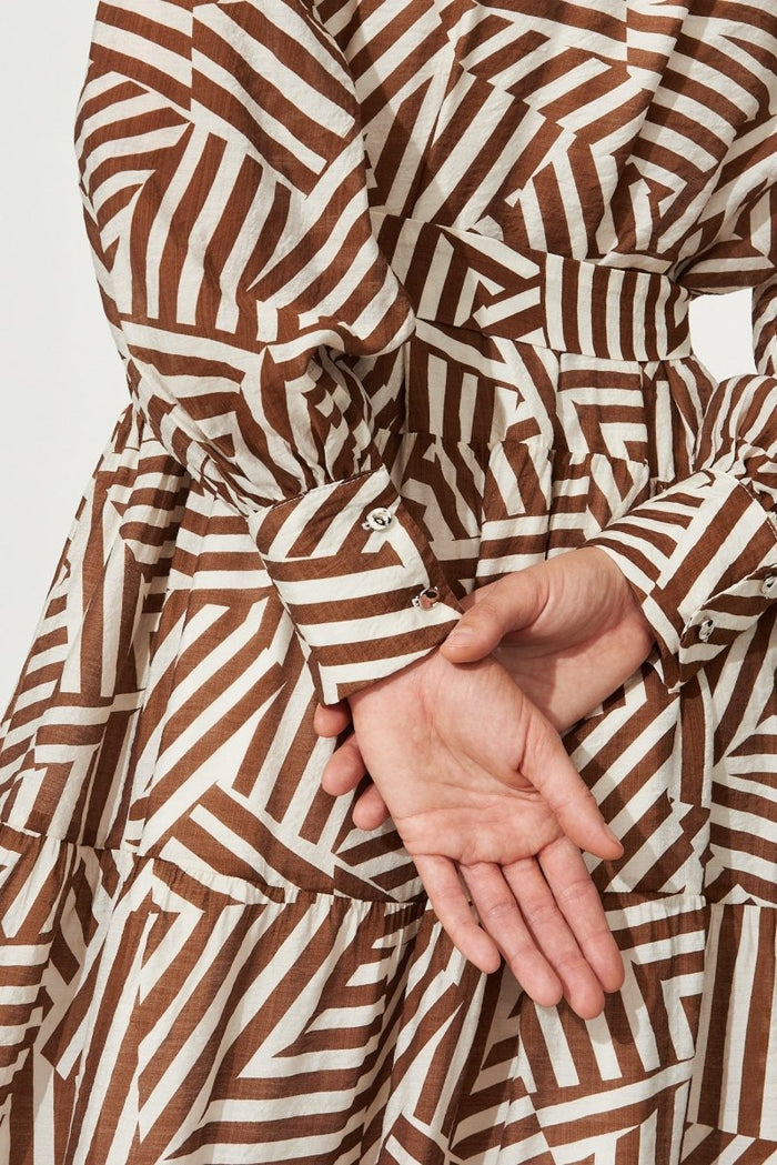 Clermont Midi Shirt Dress In Brown With Cream Print - St Frock (Dev)