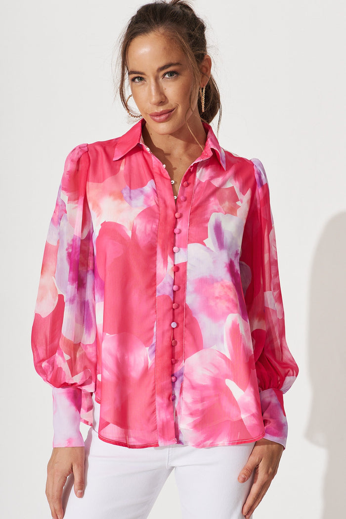 Tours Shirt In Pink With Purple Watercolour Print Chiffon - front