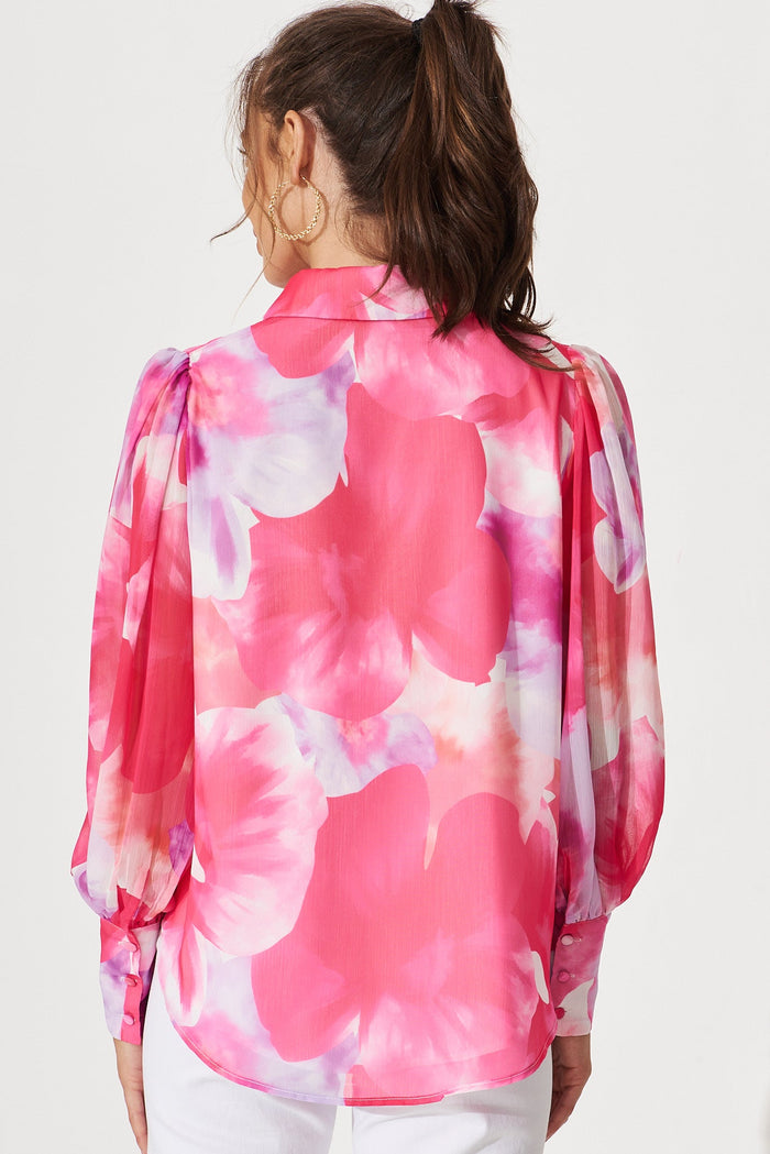Tours Shirt In Pink With Purple Watercolour Print Chiffon - back