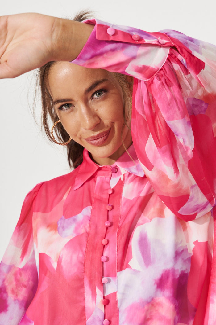 Tours Shirt In Pink With Purple Watercolour Print Chiffon - detail