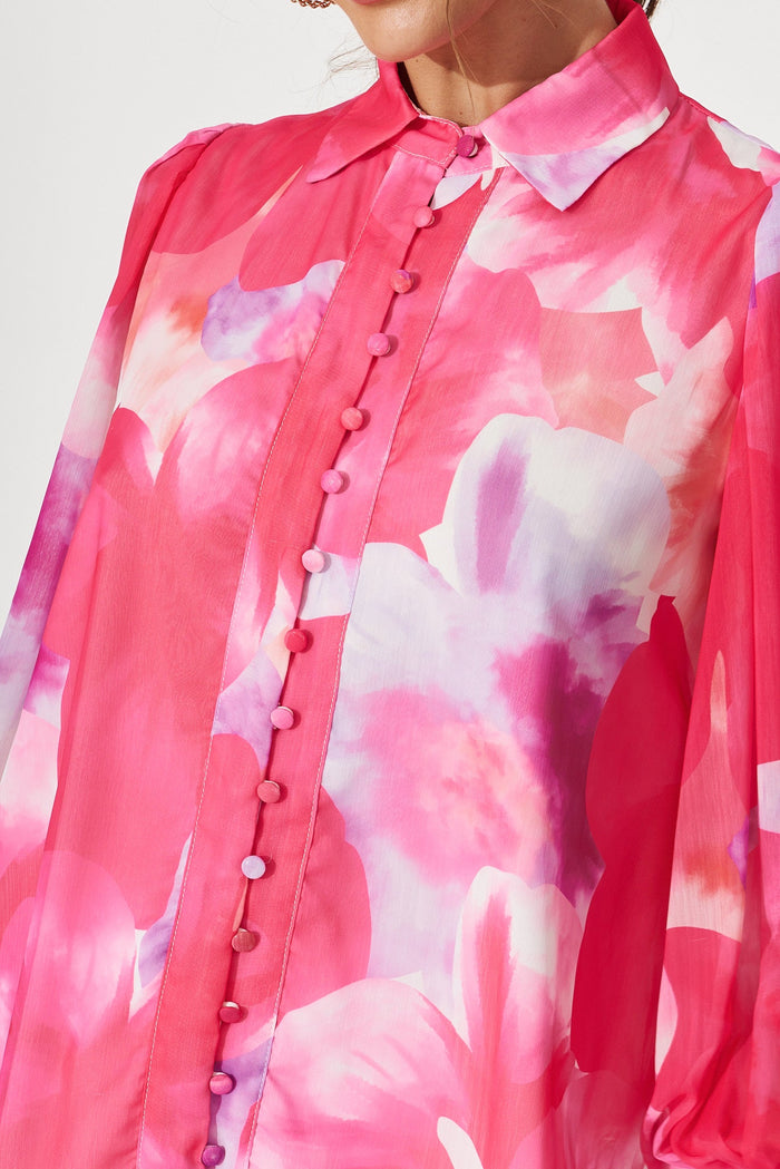 Tours Shirt In Pink With Purple Watercolour Print Chiffon - detail