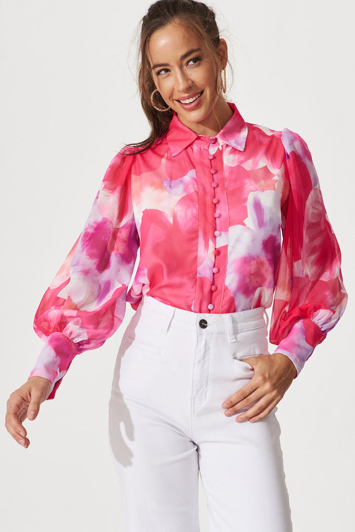 Tours Shirt In Pink With Purple Watercolour Print Chiffon - front