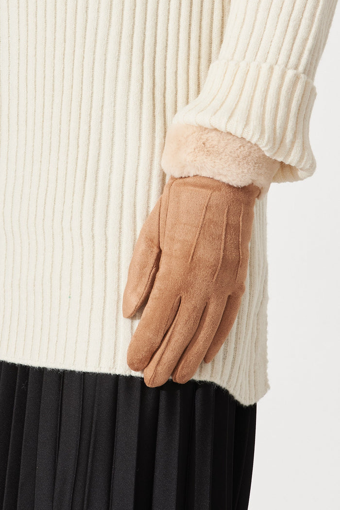 August + Delilah Poly Gloves In Light Brown Suedette - side