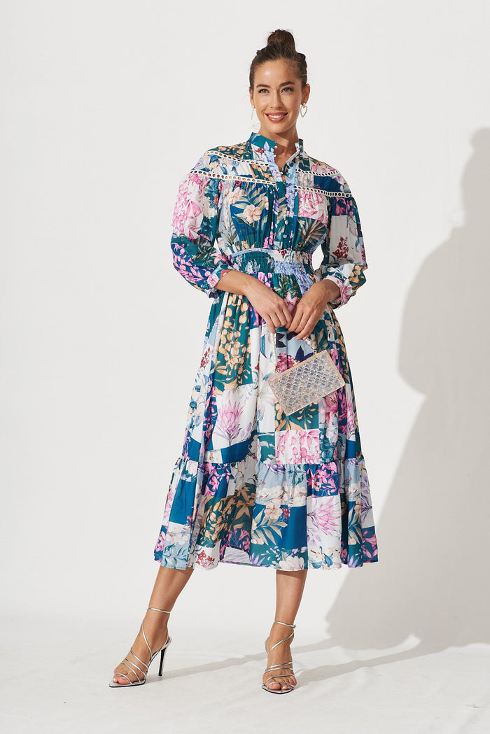 Lyn Midi Dress In Dark Green Patch Floral - full length