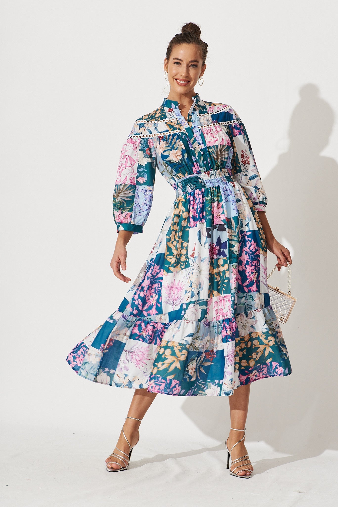 Lyn Midi Dress In Dark Green Patch Floral - full length