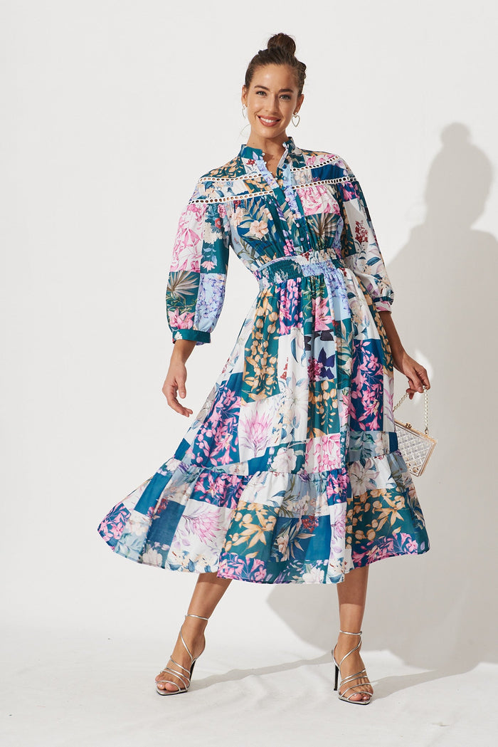 Lyn Midi Dress In Dark Green Patch Floral - full length