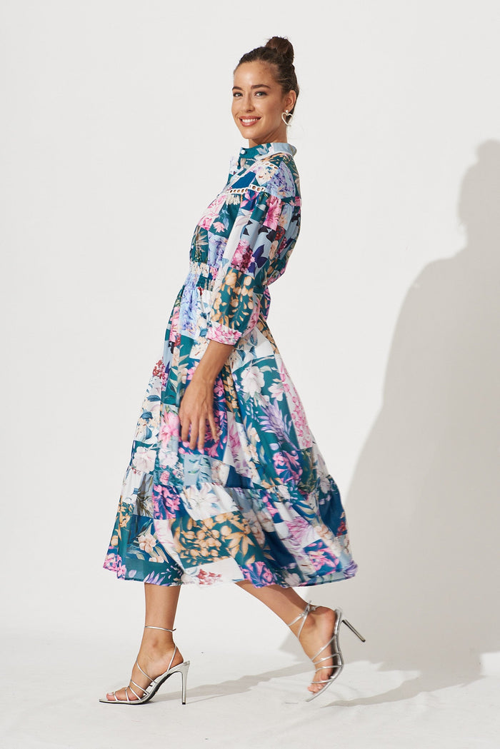 Lyn Midi Dress In Dark Green Patch Floral - side