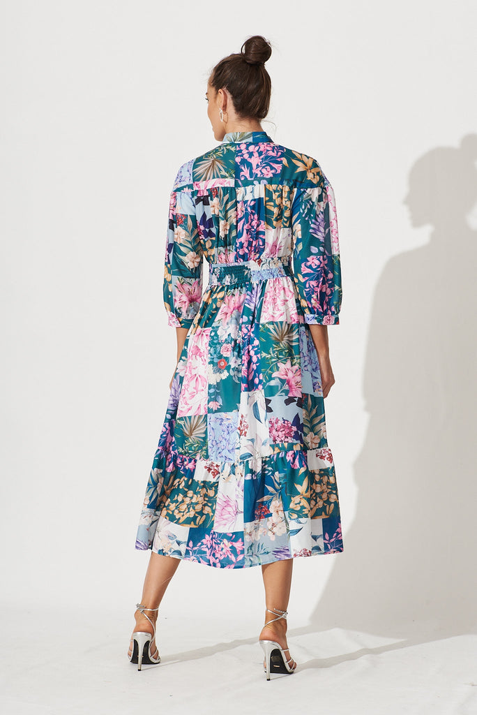 Lyn Midi Dress In Dark Green Patch Floral - back