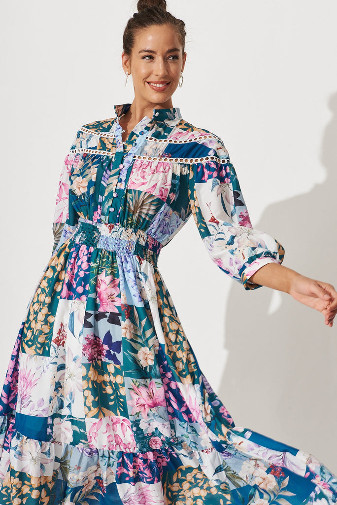 Lyn Midi Dress In Dark Green Patch Floral - front