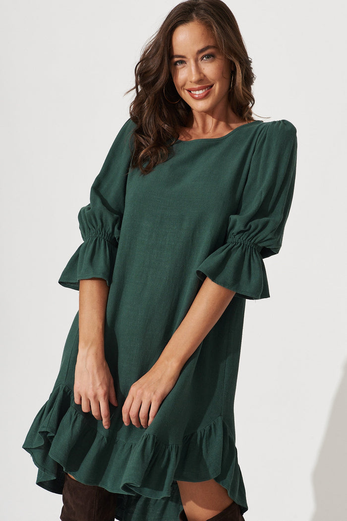 Loveline Dress In Emerald Linen Blend - front
