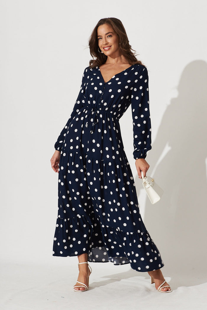 Johanna Maxi Dress In Navy With White Polka Dot - full length
