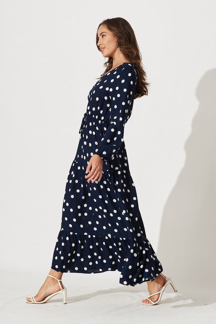 Johanna Maxi Dress In Navy With White Polka Dot - side