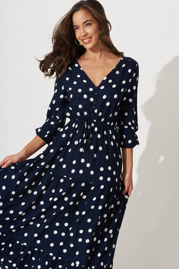 Johanna Maxi Dress In Navy With White Polka Dot - front