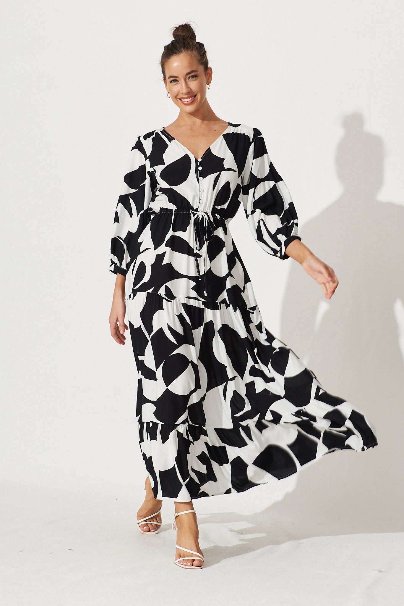Emillia Maxi Dress In White With Black Mono Print - full length