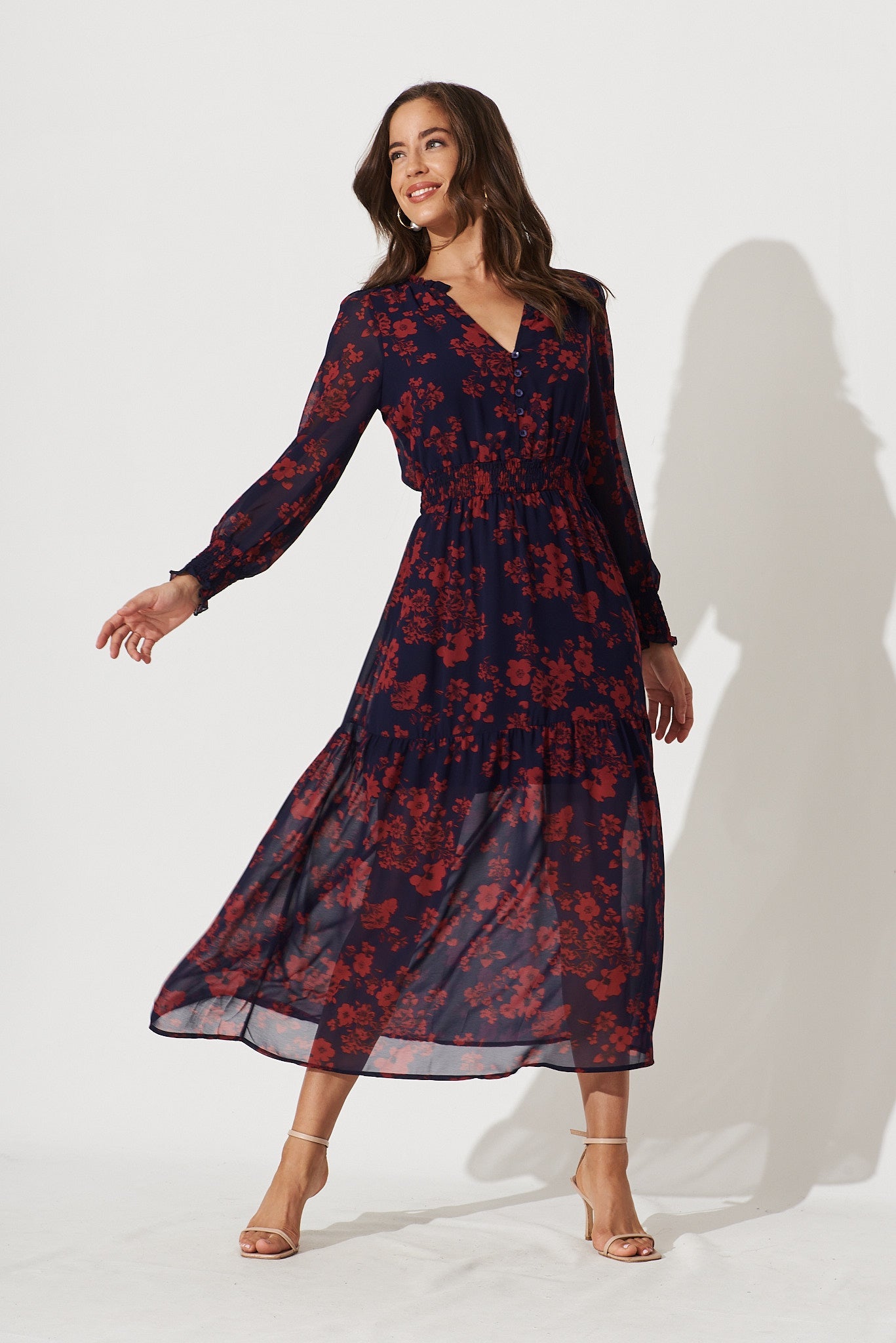 Hamilton Maxi Dress In Navy With Burgundy Floral Chiffon - full length