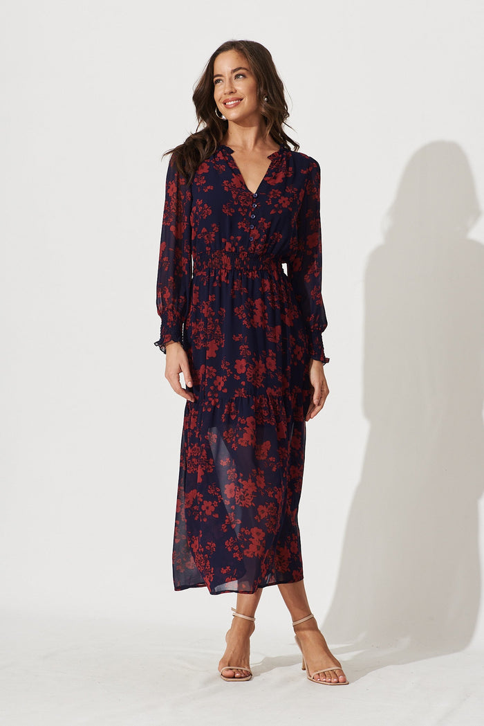 Hamilton Maxi Dress In Navy With Burgundy Floral Chiffon - full length