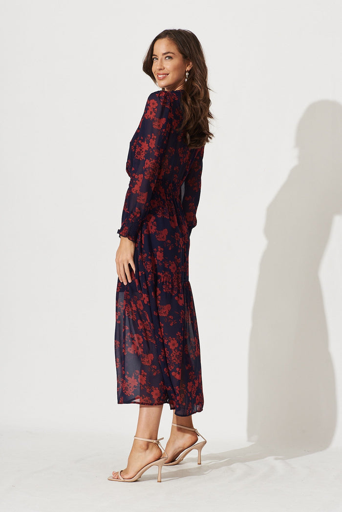 Hamilton Maxi Dress In Navy With Burgundy Floral Chiffon - side